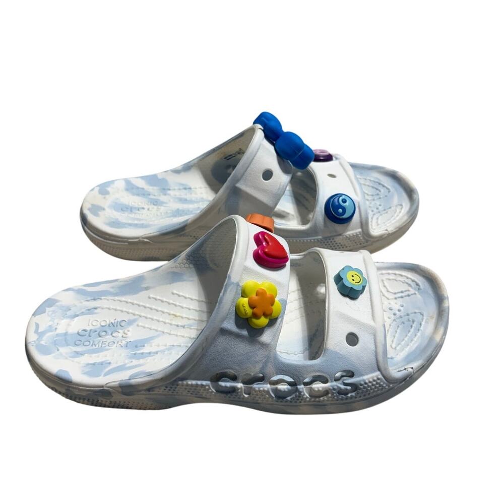 Crocs Baya Slides Women's Size 6 Marbled White Blue Sandals Jibbitz Comfort